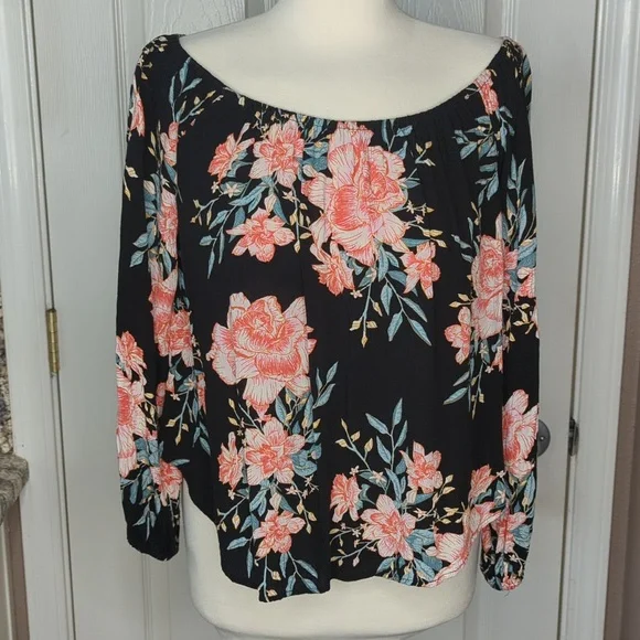 Billabong black with pink white green floral flowy long sleeve shirt size medium - Picture 1 of 9